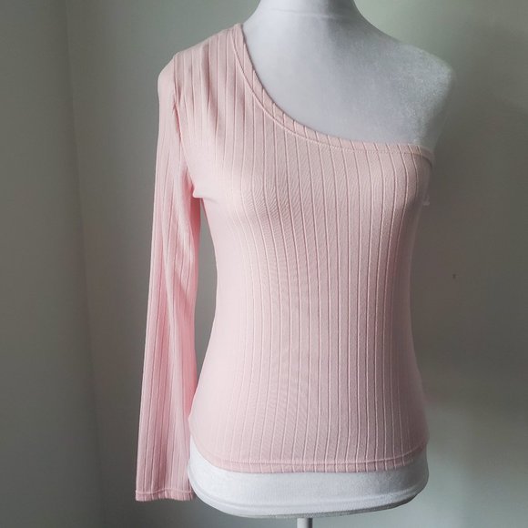 NWT * One Shoulder Long Sleeve Pink Ribbed Cropped Top Coquette Fairy - Picture 2 of 8